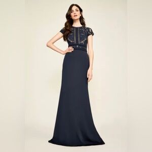 Tadashi shoji navy blue lace floral gown 16 cap sleeve crewneck maxi catrine